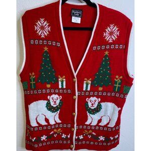 Vintage Southern Lady USA Sweater Cardigan Medium Christmas Polar Bear Tree Red